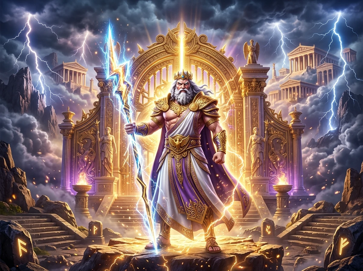 Zeus staand voor gouden poorten